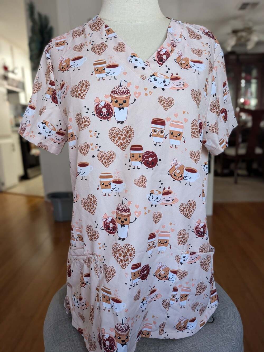 Serene Uniforms Women's V-Neck Scrub Top Coffee and Donut Print Medium